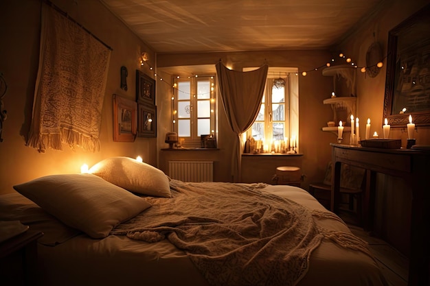 Gemütliches Schlafzimmer mit Kerzenlicht und sanfter Musik im Hintergrund
