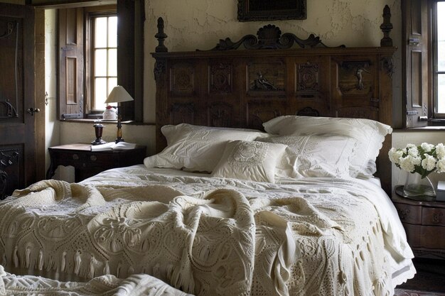 Foto gemütliches schlafzimmer oder hotelzimmer mit doppelbett und holzmöbeln