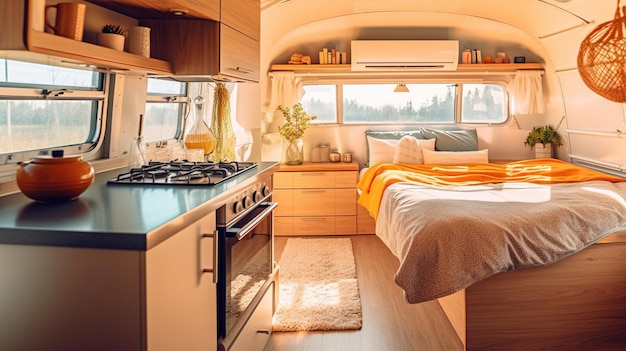 Gemütliches Schlafzimmer und Kücheneinrichtung im Wohnwagen eines Wohnmobils oder Freizeitfahrzeugs, Nahaufnahme von Generative Ai