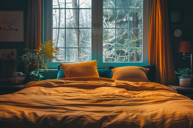 Gemütliches Schlafzimmerinterieur mit warmen Bettwäsche, dekorativen Kissen und Fensterblick auf die Natur im rustikalen Stil