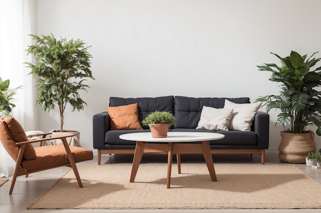 gemütliches, stilvolles, mit Pflanzen gefülltes Wohnzimmer mit einem grauen Sofa und Holzmöbeln
