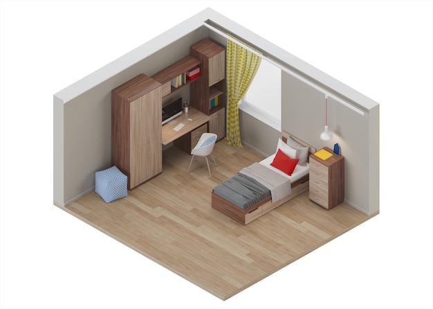 Gemütliches, stilvolles Schlafzimmer für einen Teenager. Helles Interieur mit hellen Akzenten. Innenraum in orthogonaler Projektion. Sicht von oben. 3D-Rendering.