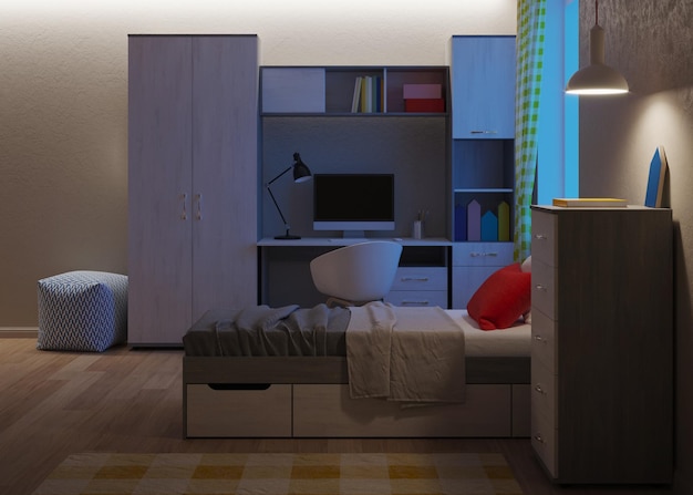 Gemütliches, stilvolles Schlafzimmer für einen Teenager. Nacht. Abendbeleuchtung. 3D-Rendering.