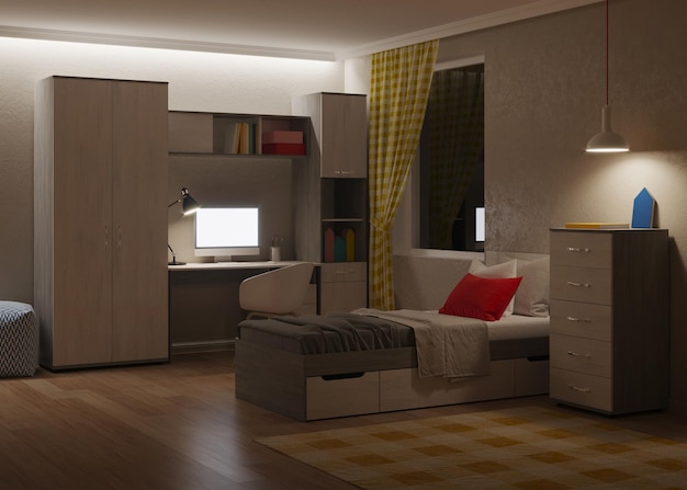 Gemütliches, stilvolles Schlafzimmer für einen Teenager. Nacht. Abendbeleuchtung. 3D-Rendering.