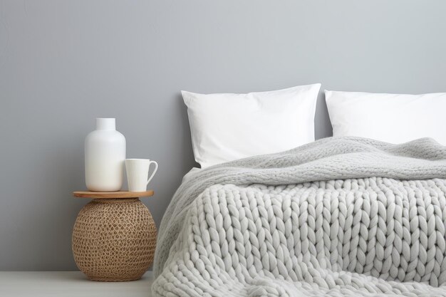 Gemütliches, stilvolles skandinavisches Zimmer mit einer grauen Stuckwand und einem weiß-grauen Wollstrick