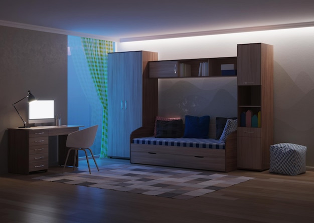 Gemütliches, stilvolles Zimmer für einen Teenager. Nacht. Abendbeleuchtung. 3D-Rendering.