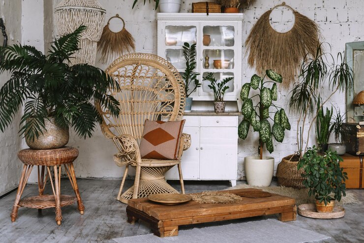 Foto gemütliches und gemütliches zimmer mit innenraum im böhmischen stil