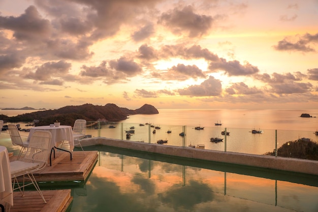 Gemütliches und romantisches Café mit Tisch und Stühlen auf dem Dach mit Blick auf das Meer und den Sonnenuntergang?