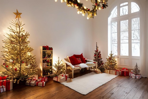 Gemütliches Vintage-Weihnachtszimmer mit Weihnachtsbaum, Kamin, Kerzen, Spielzeug, Teppich und Sessel