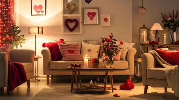 Foto gemütliches wohnzimmer, das für den valentinstag dekoriert wurde generative ai