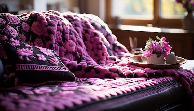 Foto gemütliches wohnzimmer mit bequemem sofa, lila kissen und modernem dekor, das von ki generiert wurde