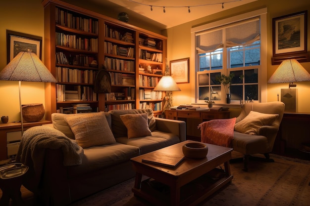 Gemütliches Wohnzimmer mit bequemen Sitzgelegenheiten, warmer Beleuchtung und einem Stapel Bücher