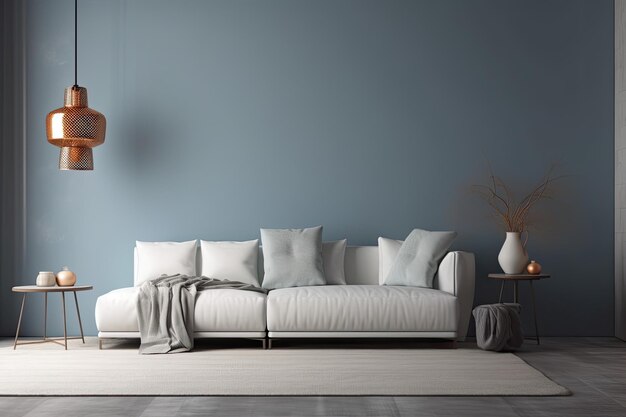 Gemütliches Wohnzimmer mit blauen Wänden und einer weißen Couch Generative AI