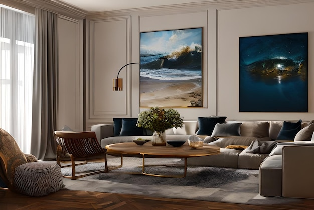 Gemütliches Wohnzimmer mit einem schönen Gemälde, das an einer seiner Wände hängt