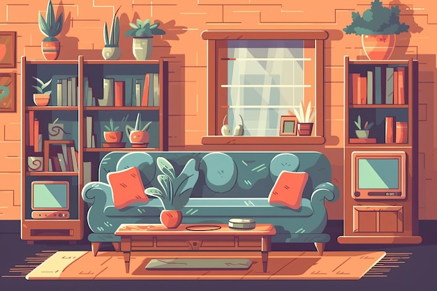 Gemütliches Wohnzimmer mit einer bequemen Couch, einem Couchtisch aus Holz und einem Bücherregal voller Bücher Generative AI
