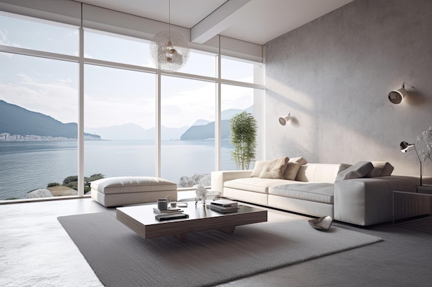 Gemütliches Wohnzimmer mit großem Fenster und Möbeln Generative AI