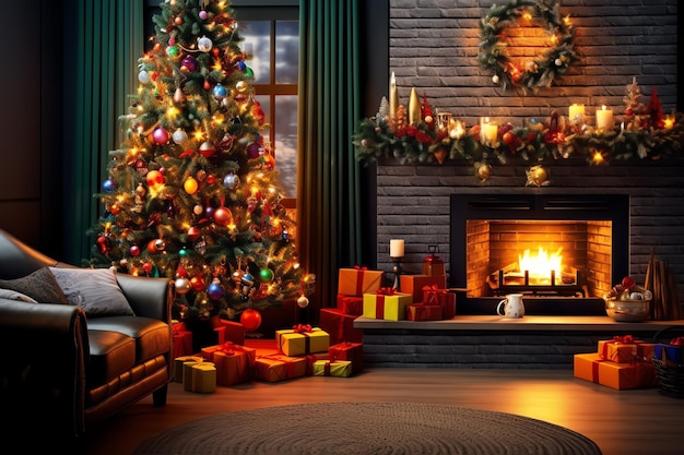 Gemütliches Wohnzimmer mit Kamin und Weihnachtsbaum im klassischen Interieur. Frohe Weihnachten im Hintergrund