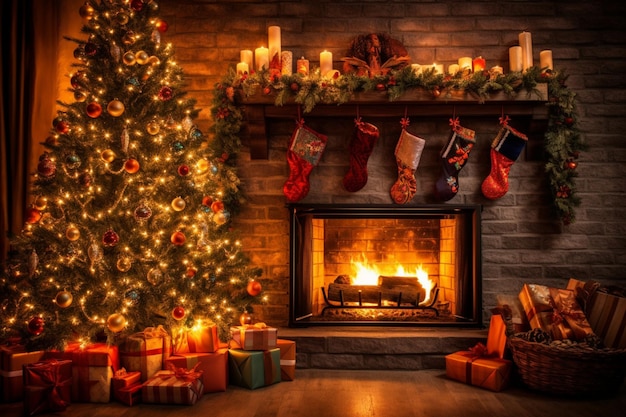 Gemütliches Wohnzimmer mit Kamin und Weihnachtsbaum im klassischen Interieur. Frohe Weihnachten im Hintergrund