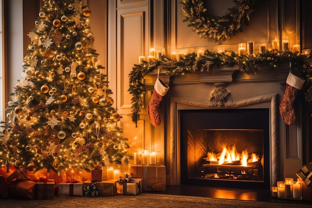 Gemütliches Wohnzimmer mit Kamin und Weihnachtsbaum im klassischen Interieur Froher Weihnachtshintergrund