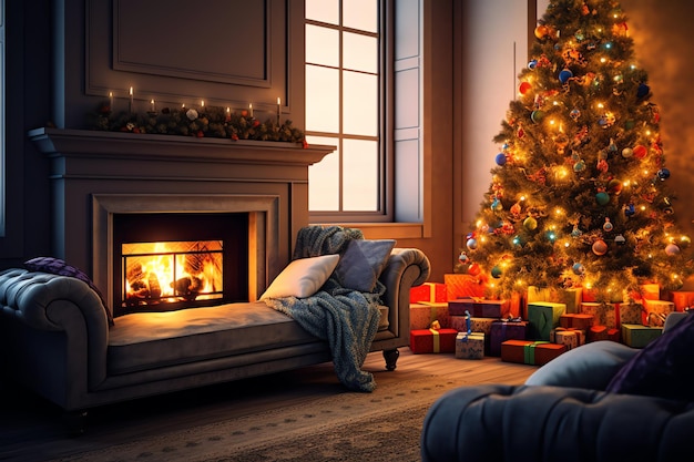 Gemütliches Wohnzimmer mit Kamin und Weihnachtsbaum im klassischen Interieur Froher Weihnachtshintergrund