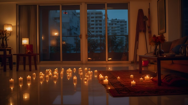 Gemütliches Wohnzimmer mit Kerzen und Nachtblick