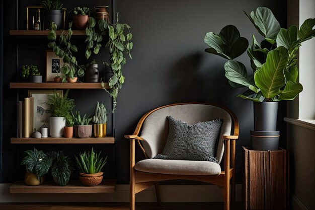 Gemütliches Wohnzimmer mit Pflanzen, Stuhl und Bücherregalen. Generative KI