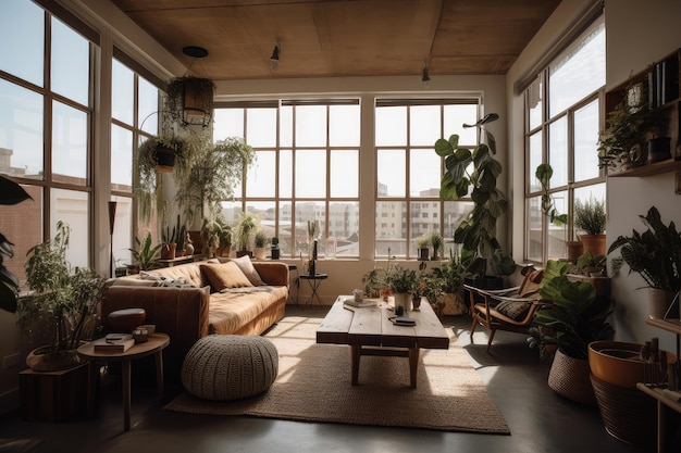 Gemütliches Wohnzimmer mit raumhohen Fenstern, Tageslicht und Zimmerpflanzen