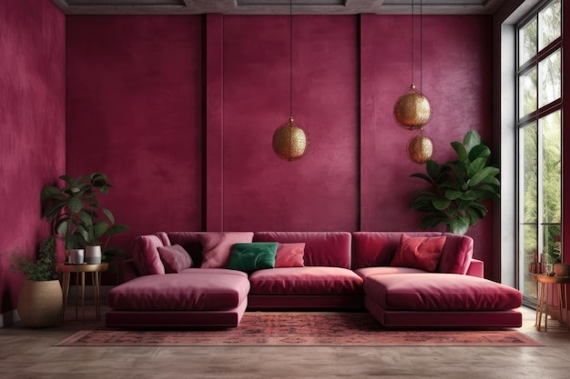 Gemütliches Wohnzimmer mit rosa Wänden und einer passenden rosa Couch Generative AI