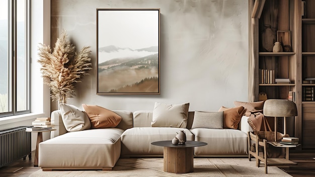 Gemütliches Wohnzimmer mit Sofa-Tisch und Gemälde an der Wand