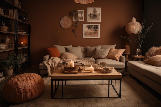 Foto gemütliches wohnzimmer mit weichen möbeln, warmer beleuchtung und hygge-accessoires