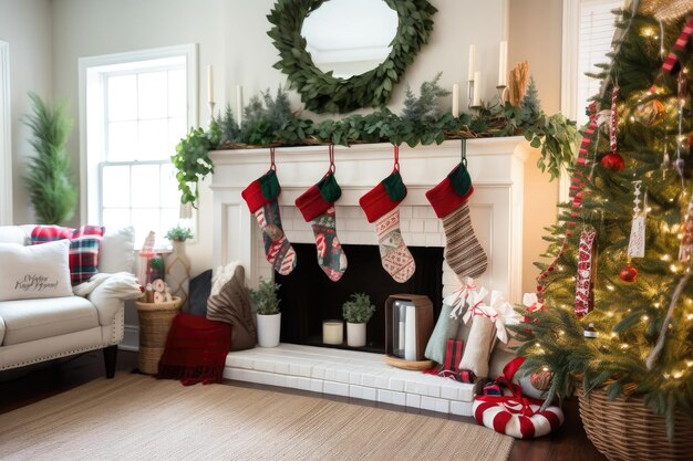 Gemütliches Wohnzimmer mit weihnachtlicher Bordüre und Strümpfen auf dem Kaminsims