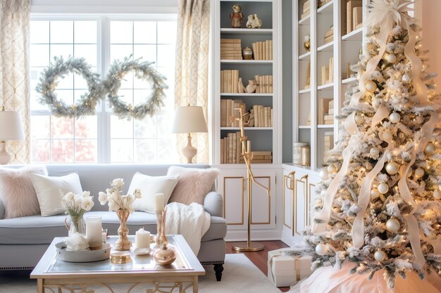 Foto gemütliches wohnzimmer mit weihnachtsbaum und roten geschenken im modernen interieur froher weihnachtshintergrund