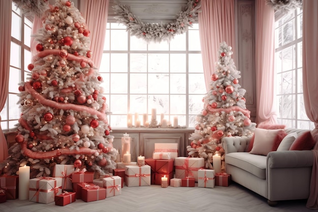 Gemütliches Wohnzimmer mit Weihnachtsbaum und roten Geschenken im modernen Interieur Froher Weihnachtshintergrund