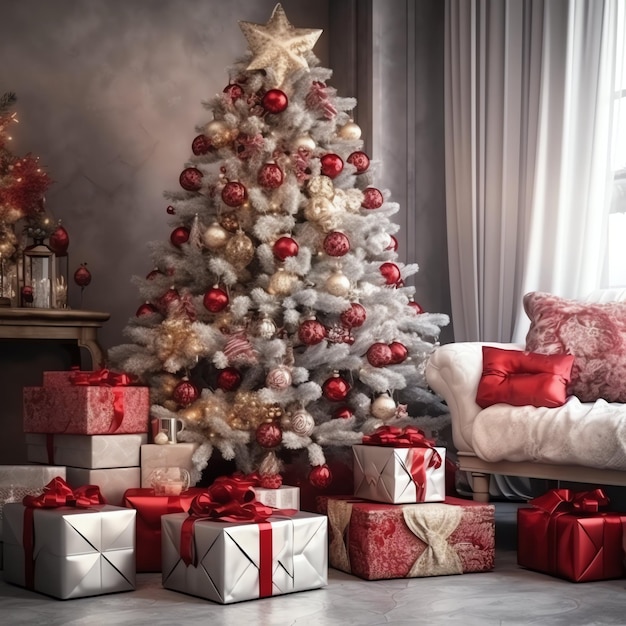 Gemütliches Wohnzimmer mit Weihnachtsbaum und roten Geschenken im modernen Interieur Froher Weihnachtshintergrund