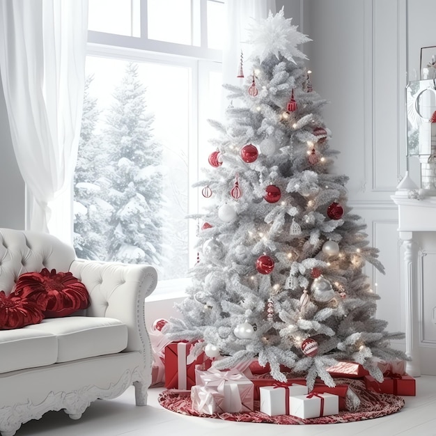 Gemütliches Wohnzimmer mit Weihnachtsbaum und roten Geschenken im modernen Interieur Froher Weihnachtshintergrund