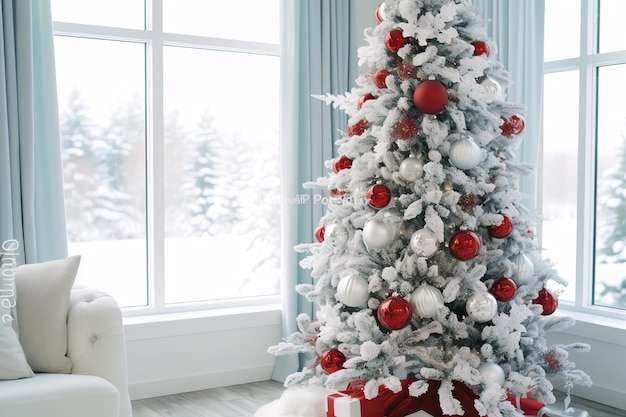 Gemütliches Wohnzimmer mit Weihnachtsbaum und roten Geschenken im modernen Interieur Froher Weihnachtshintergrund