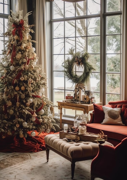 Gemütliches Wohnzimmer mit Weihnachtsbaum und roten Geschenken im modernen Interieur. Hintergrund der frohen Weihnachten