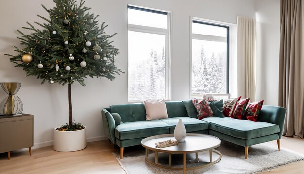 Gemütliches Wohnzimmer Vibes Ein entspannender Raum mit Couch, Tisch und grünem Eckbaum Perfektes Zuhause