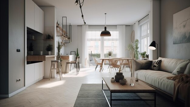 Gemütliches Wohnzimmerinterieur in einem modernen Haus im Scandi-Stil