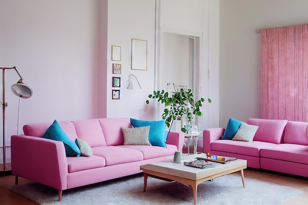 Gemütliches Zimmer mit rosa weichem Sofa und rosa Vorhängen