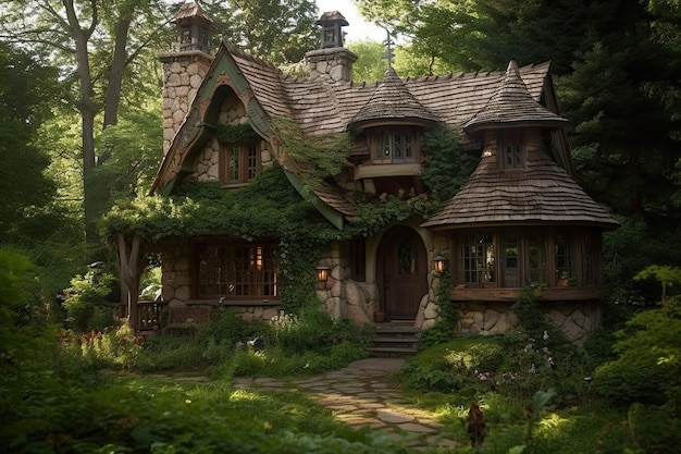 Gemütliches Zuhause, das im Fantasy-Stil eingerichtet wurde. Das Haus ist voller magischer Elemente der generativen KI