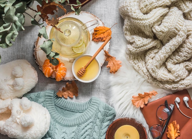 Gemütliches Zuhause Stilleben weiche Hausschuhe Strickpullover kariert grüner Tee mit Honig Mandarinen trockene Blätter Bücher auf hellem Hintergrund Draufsicht Herbst und Winter eine entspannte Stimmung Flach lag