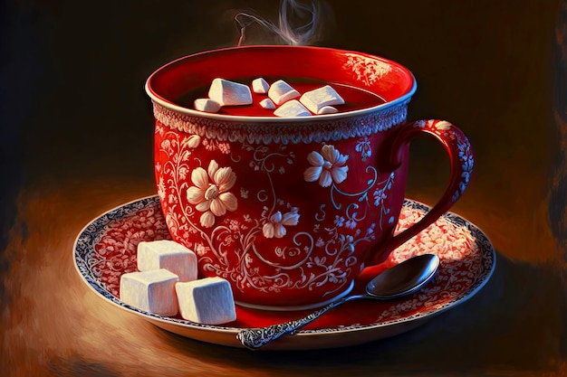 Gemütlichkeit und Komfort zu Weihnachten heiße Schokolade rote Tasse mit Untertasse und Marshmallows