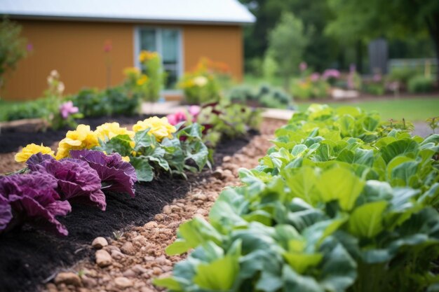 Foto gemulchte blumenbeete und pflanzreihen in einem hinterhof