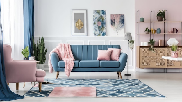 Gemusterter Teppich in rosa und blauem Wohnzimmer mit Sofa vor weißer Wand Generative AI AIG18