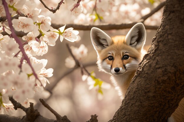 Genauer Blick auf den Babyfuchs unter dem Kirschblütenbaum