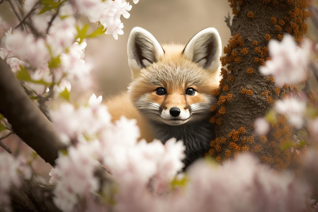 Genauer Blick auf den Babyfuchs unter dem Kirschblütenbaum