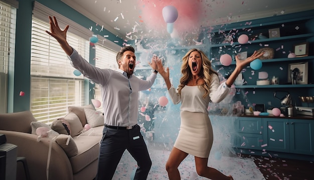 Gender Reveal Party Überraschungskonzept Fotoshooting Kreativ und farbenfroh