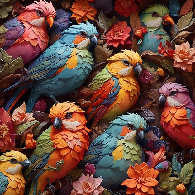 Se genera un grupo de pájaros coloridos en las ramas.