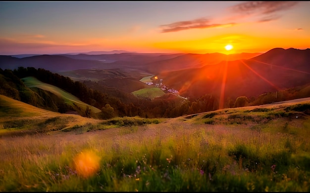 Se genera una imagen de paisaje con colinas y puesta de sol